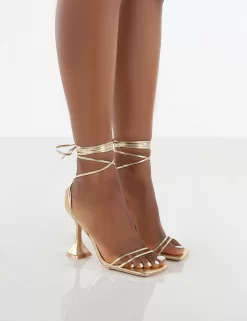 Dymond Gold Metallic Lace Up Square Toe Cake Stand Heels