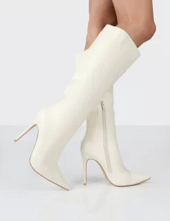 Horizon Ecru PU Stiletto Knee High Boots -Chic Step Shop HORIZONECRUWALKING