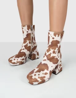 Imagine Wide Fit Brown Cow Print Chunky Heel Ankle Boots -Chic Step Shop IMAGINEBROWNCOWPRINTDETAIL 8d24f8c2 4777 40e4 93af e5415dbb5806
