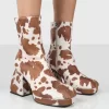 Imagine Wide Fit Brown Cow Print Chunky Heel Ankle Boots