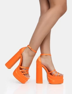 Enya Orange Satin Strappy Buckle Square Toe Platform Block Heels -Chic Step Shop IMG 0219 scaled