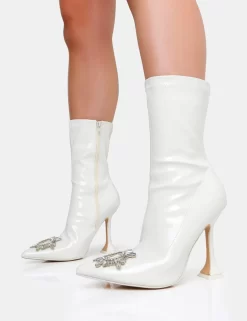 Modena Ecru Patent Diamante Broach Cake Stand Heel Ankle Boot -Chic Step Shop IMG 0612copy scaled