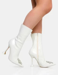 Modena Ecru Patent Diamante Broach Cake Stand Heel Ankle Boot -Chic Step Shop IMG 0613copy scaled