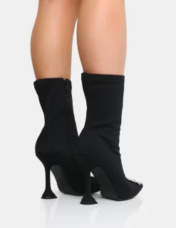 Modena Black Nylon Diamantie Broach Cake Stand Heel Sock Ankle Boot -Chic Step Shop IMG 0615copy scaled