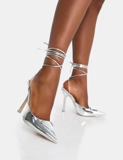Vada Silver Mirror Slingback Lace Up Pointed Court Stiletto Heels -Chic Step Shop IMG 0681 scaled