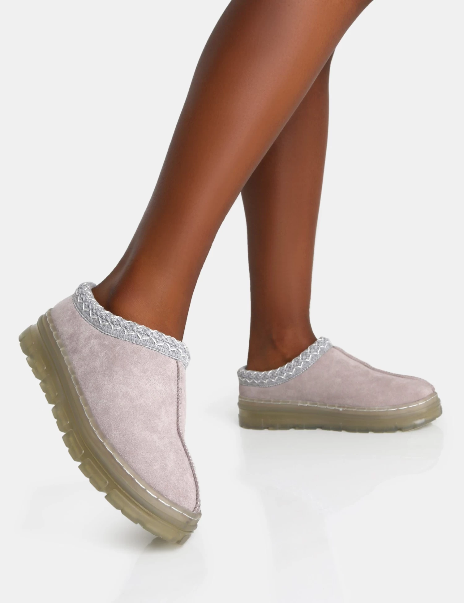 Nala Light Grey Faux Suede Embroidered Slipper Platform Boots 4 Nala Light Grey Faux Suede Embroidered Slipper Platform Boots - Image 4