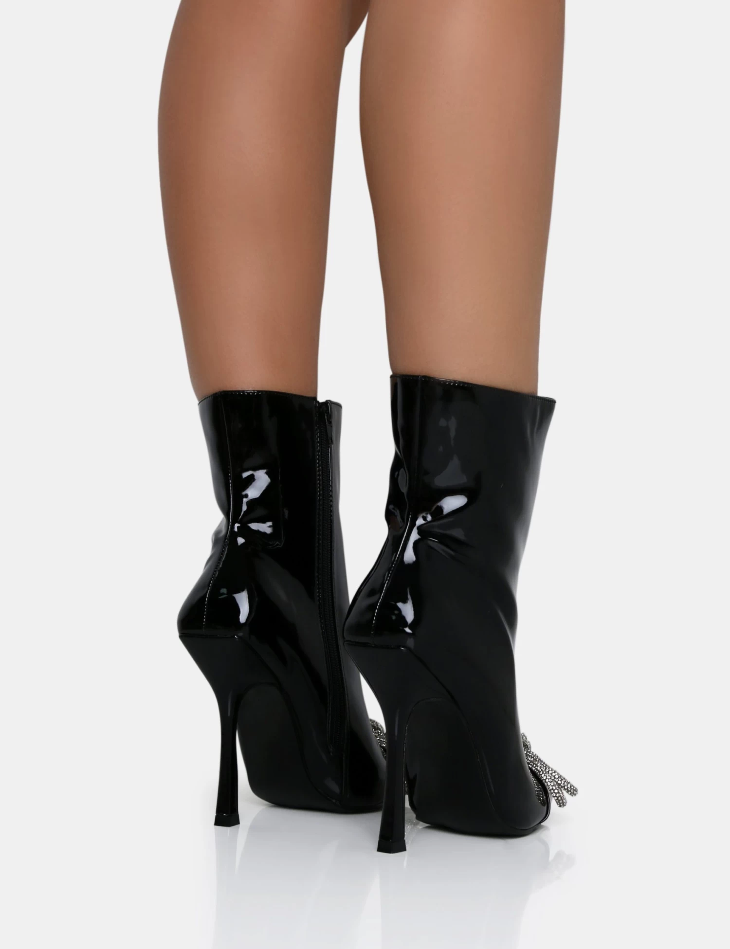 Orla Black Patent Diamante Bow Pointed Toe Stiletto Ankle Boots 2 Orla Black Patent Diamante Bow Pointed Toe Stiletto Ankle Boots - Image 2