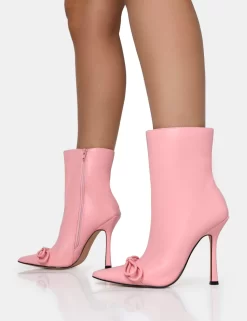 Rhia Pink Pu Bow Pointed Toe Stiletto Ankle Boots -Chic Step Shop IMG 1164 scaled