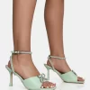Front Row Pastel Green Diamante Bow Square Toe Mid Stiletto Heels