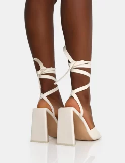 Mojito Wide Fit Ecru Pu Lace Up Pyramid Block Heels -Chic Step Shop IMG 1199 scaled
