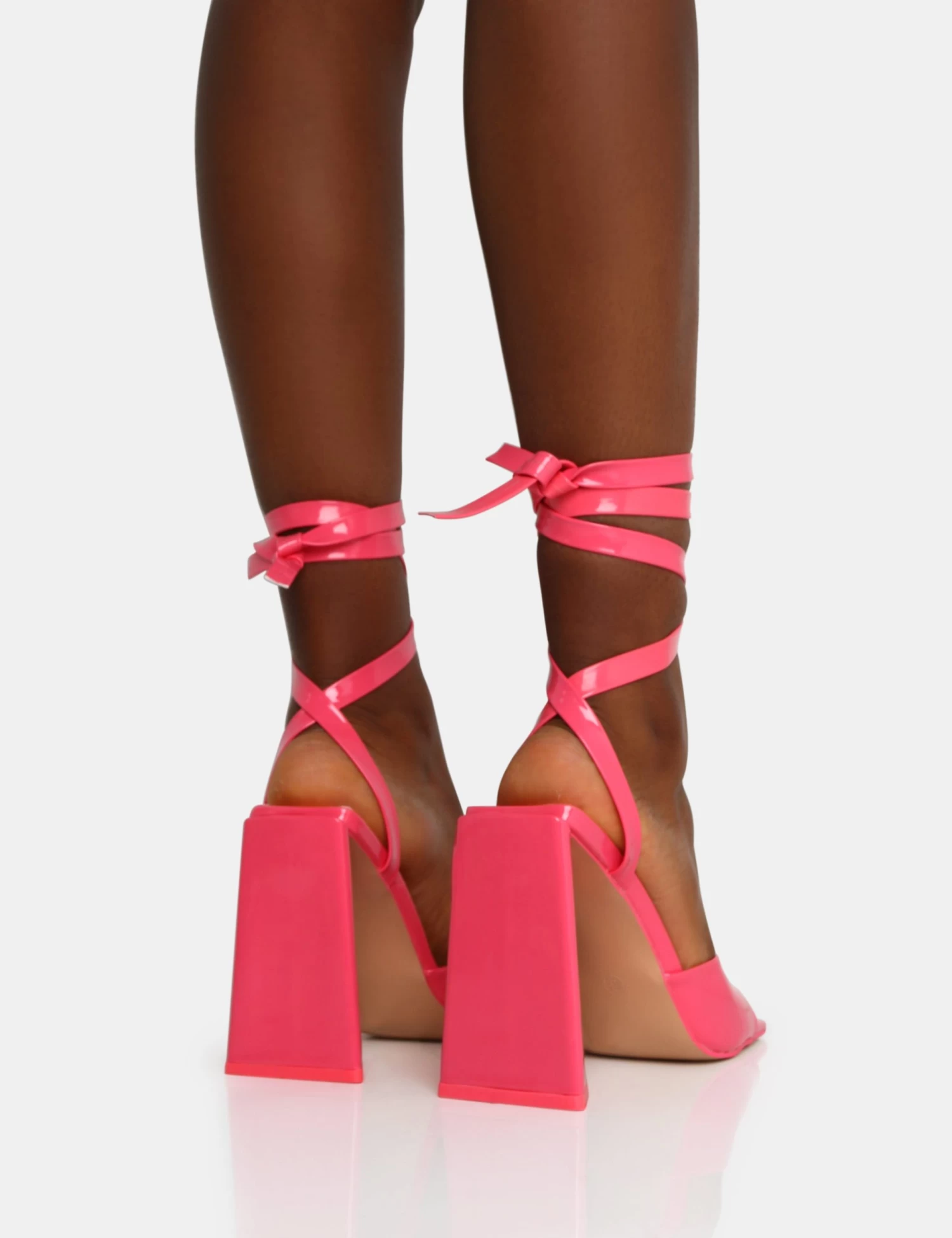 Mojito Coral Patent Lace Up Pyramid Block Heels 3 Mojito Coral Patent Lace Up Pyramid Block Heels - Image 3