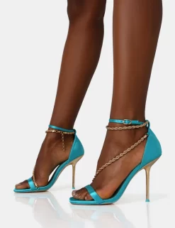 Loyal Blue Satin Chain Detail Square Toe Gold Stiletto Heels -Chic Step Shop IMG 1268 scaled