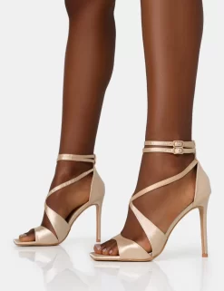 Moana Champagne Satin Cross Over Strap Square Toe Stiletto Heels -Chic Step Shop IMG 1300 scaled