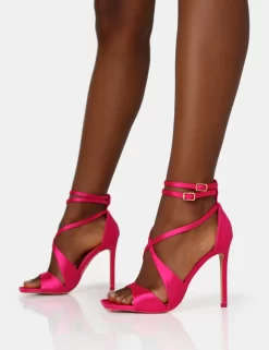 Moana Hot Pink Satin Cross Over Strap Square Toe Stiletto Heels -Chic Step Shop IMG 1308 scaled