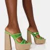 Carley Neon Lime Perspex Mule Square Toe Platform Raffia Block Heels