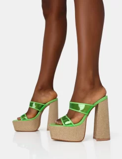 Carley Neon Lime Perspex Mule Square Toe Platform Raffia Block Heels -Chic Step Shop IMG 1370 scaled