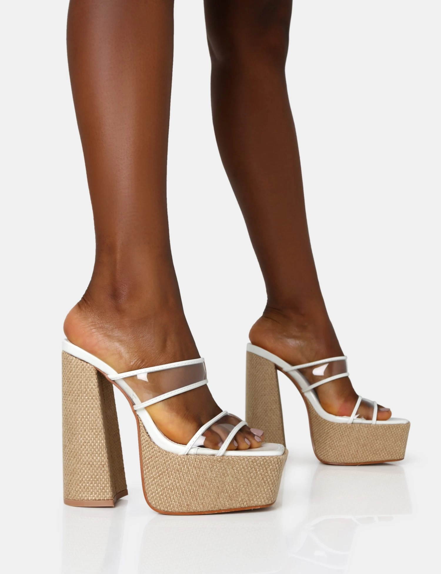 Carley White Perspex Mule Square Toe Platform Raffia Block Heels 1 Carley White Perspex Mule Square Toe Platform Raffia Block Heels