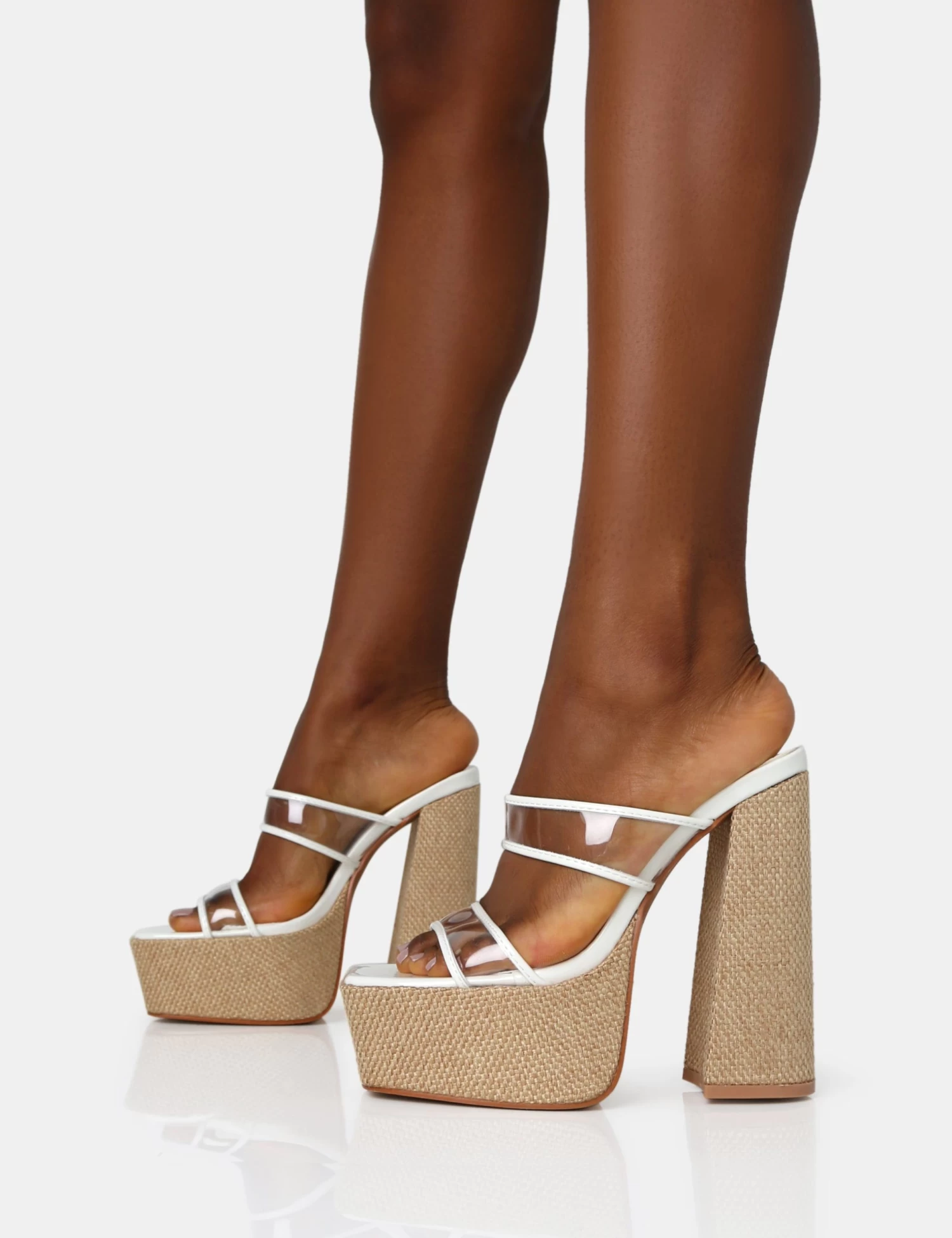 Carley White Perspex Mule Square Toe Platform Raffia Block Heels 3 Carley White Perspex Mule Square Toe Platform Raffia Block Heels - Image 3