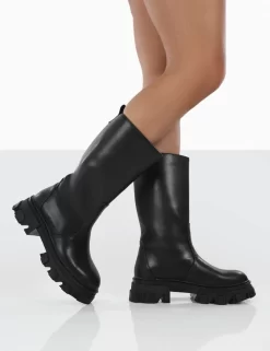 Jolie Black Pu Knee High Chunky Sole Long Boots -Chic Step Shop JOLIEBLACKWALKING