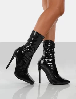 Lars Black Patent Wide Fit Sock High Heeled Stiletto Ankle Boots -Chic Step Shop LARSBLACKPATENTWFWALKING1