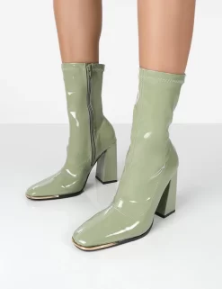 Liberty Green Pu Sock High Heeled Ankle Boots 6 Liberty Green Pu Sock High Heeled Ankle Boots -Chic Step Shop LIBERTYGREENDETAILcopy