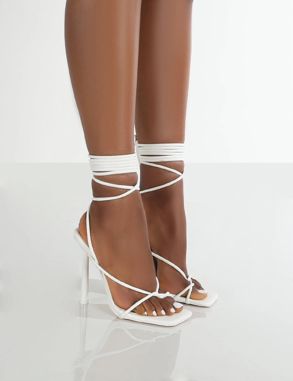 Lacey Wide Fit White PU Square Toe Strappy Lace Up Heels 1 Lacey Wide Fit White PU Square Toe Strappy Lace Up Heels