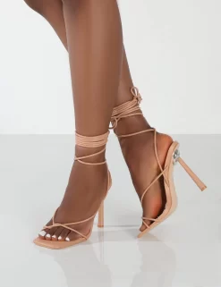 Lacey Nude PU Square Toe Strappy Lace Up Stiletto Heels -Chic Step Shop LaceyNudeDetail
