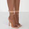 Lacey Nude PU Square Toe Strappy Lace Up Stiletto Heels