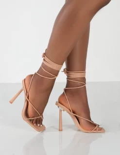 Lacey Nude PU Square Toe Strappy Lace Up Stiletto Heels -Chic Step Shop LaceyNudeWalking