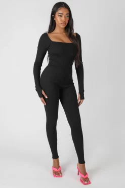Long Sleeve Square Neck Ribbed Jumpsuit Black -Chic Step Shop MBOD00151