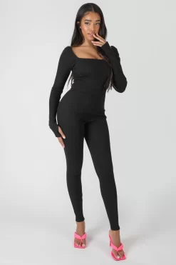 Long Sleeve Square Neck Ribbed Jumpsuit Black -Chic Step Shop MBOD00152