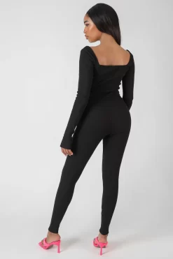 Long Sleeve Square Neck Ribbed Jumpsuit Black -Chic Step Shop MBOD00154