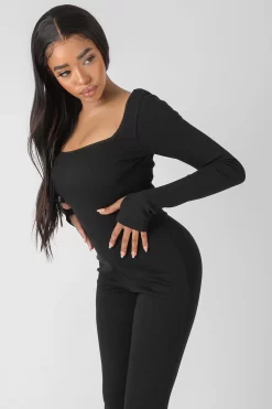 Long Sleeve Square Neck Ribbed Jumpsuit Black
