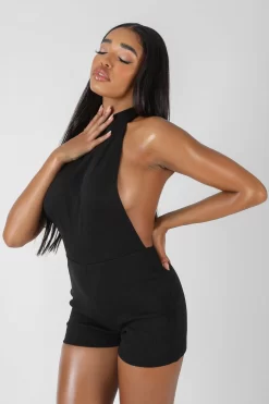 Sleeveless Short Ribbed Backless Unitard Black