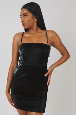 Snakeskin Pu Square Neck Mini Dress Black -Chic Step Shop MPDR00014212