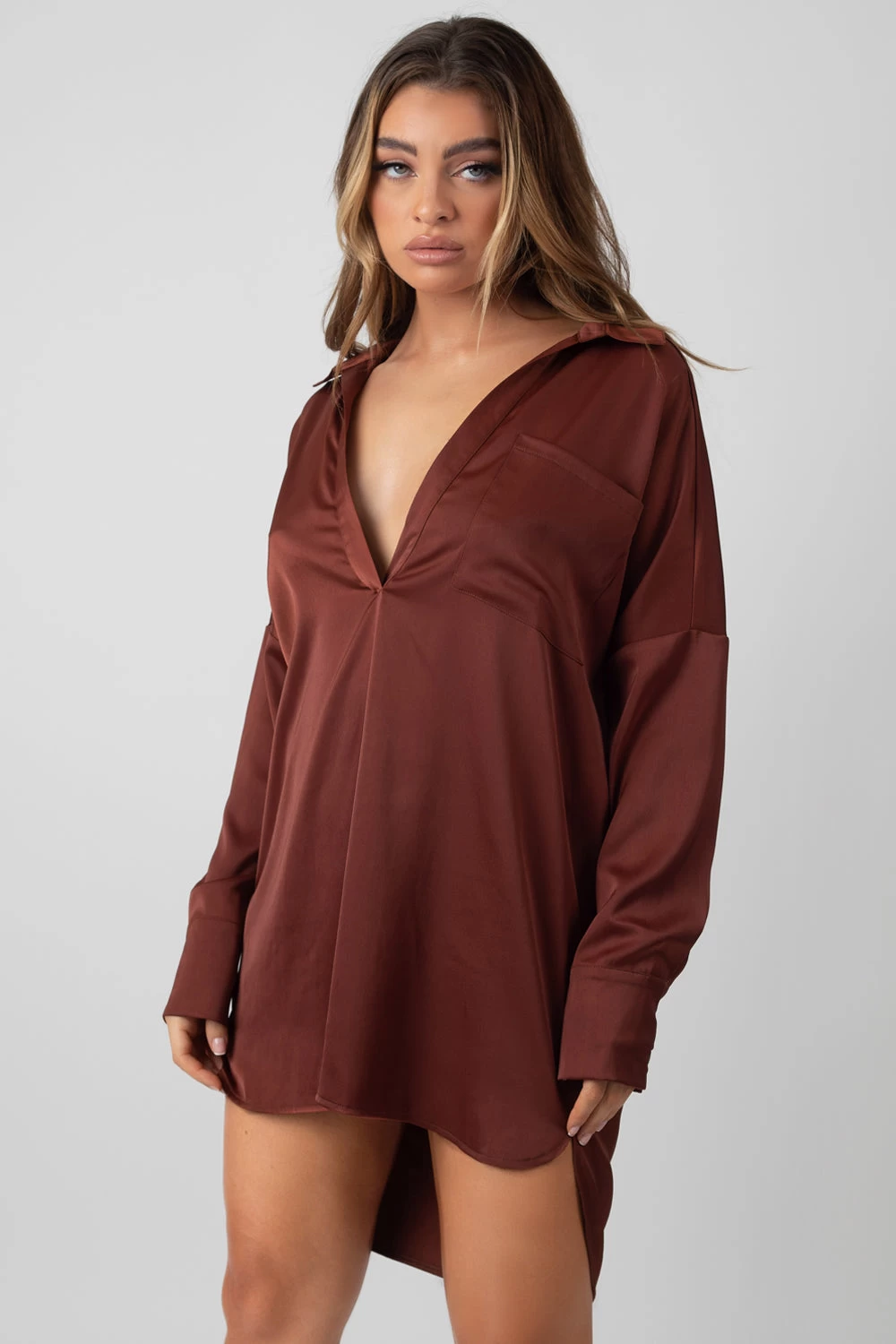 Satin Shirt Dress Chocolate 2 Satin Shirt Dress Chocolate - Image 2