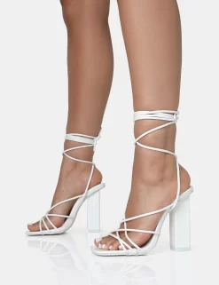 Nyla Wide Fit White Patent Strappy Lace Up Square Toe Block Heels -Chic Step Shop NYLAWHITE 2 scaled