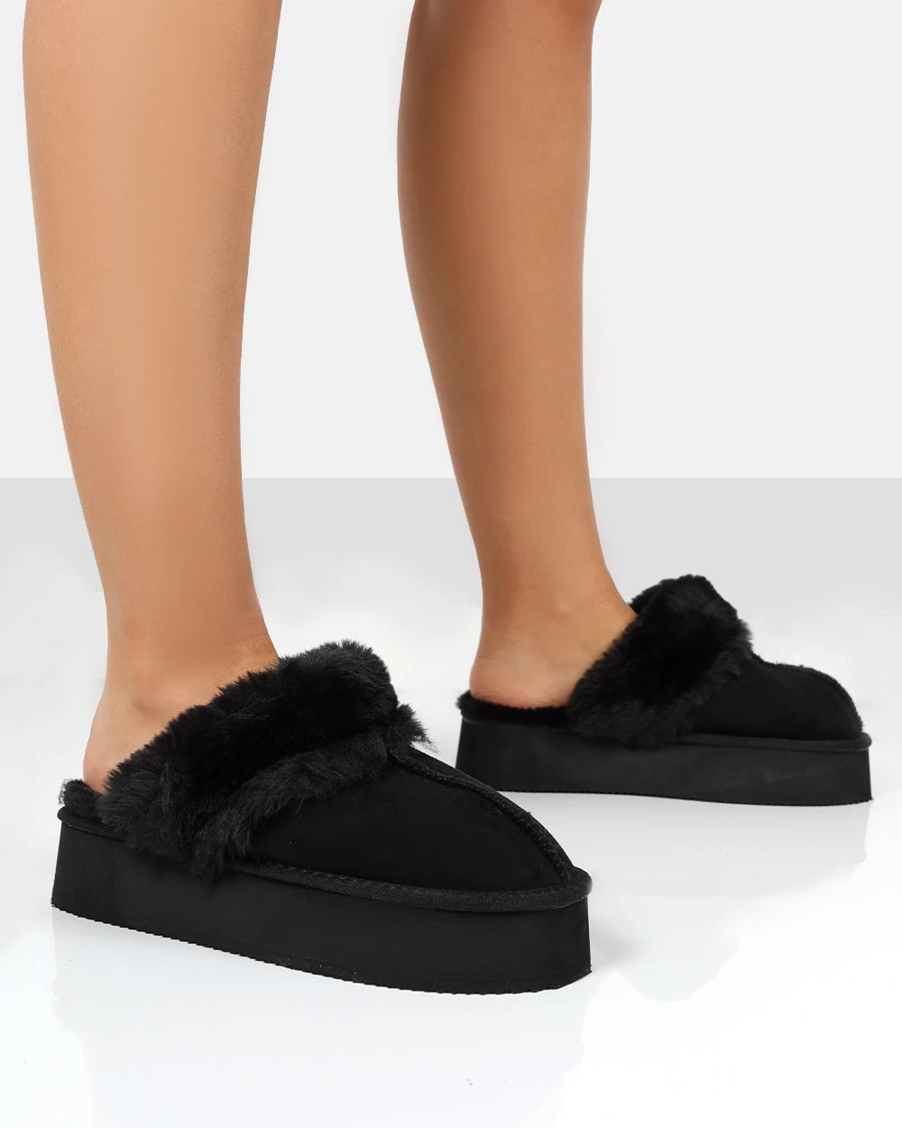 Cosy Black Faux Suede Platform Slider Slipper 1 Cosy Black Faux Suede Platform Slider Slipper