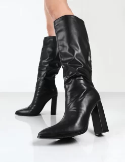 Posie Black PU Knee High Block Heel Boots -Chic Step Shop PosieBlackDetail