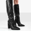 Posie Black PU Knee High Block Heel Boots