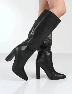 Posie Black PU Knee High Block Heel Boots -Chic Step Shop PosieBlackWalking