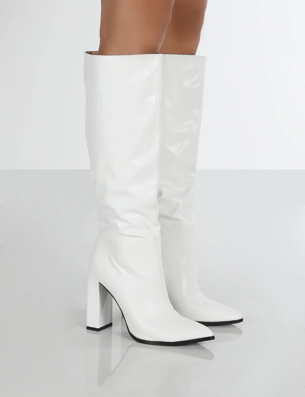 Posie Wide Fit White Pu Knee High Block Heel Boots 1 Posie Wide Fit White Pu Knee High Block Heel Boots