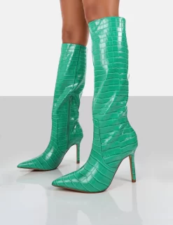 Rosalie Green Croc Heeled Pointed Toe Knee High Boots -Chic Step Shop ROSALIEGREENDETAIL1