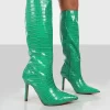 Rosalie Wide Fit Green Croc Heeled Pointed Toe Knee High Boots