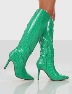 Rosalie Wide Fit Green Croc Heeled Pointed Toe Knee High Boots -Chic Step Shop ROSALIEGREENWALKING1 9956b43b d977 46d6 b0e5 0d5a1e131873