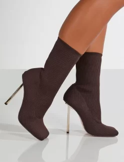 Souffle Chocolate Knit Stiletto Heel Sock Ankle Boot -Chic Step Shop Souflet52
