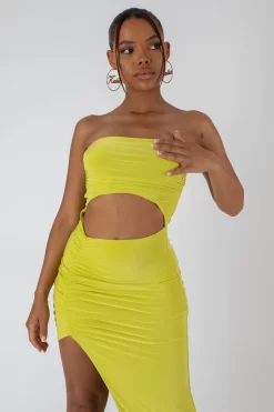 Split Side Bandeau Slinky Maxi Dress Lime -Chic Step Shop StudioSession 1282 2 scaled