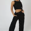 Wide Leg Split Hem Checkerboard Towelling Joggers Black