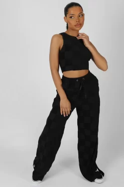 Wide Leg Split Hem Checkerboard Towelling Joggers Black -Chic Step Shop StudioSession 262 scaled