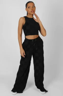 Wide Leg Split Hem Checkerboard Towelling Joggers Black -Chic Step Shop StudioSession 269copy scaled